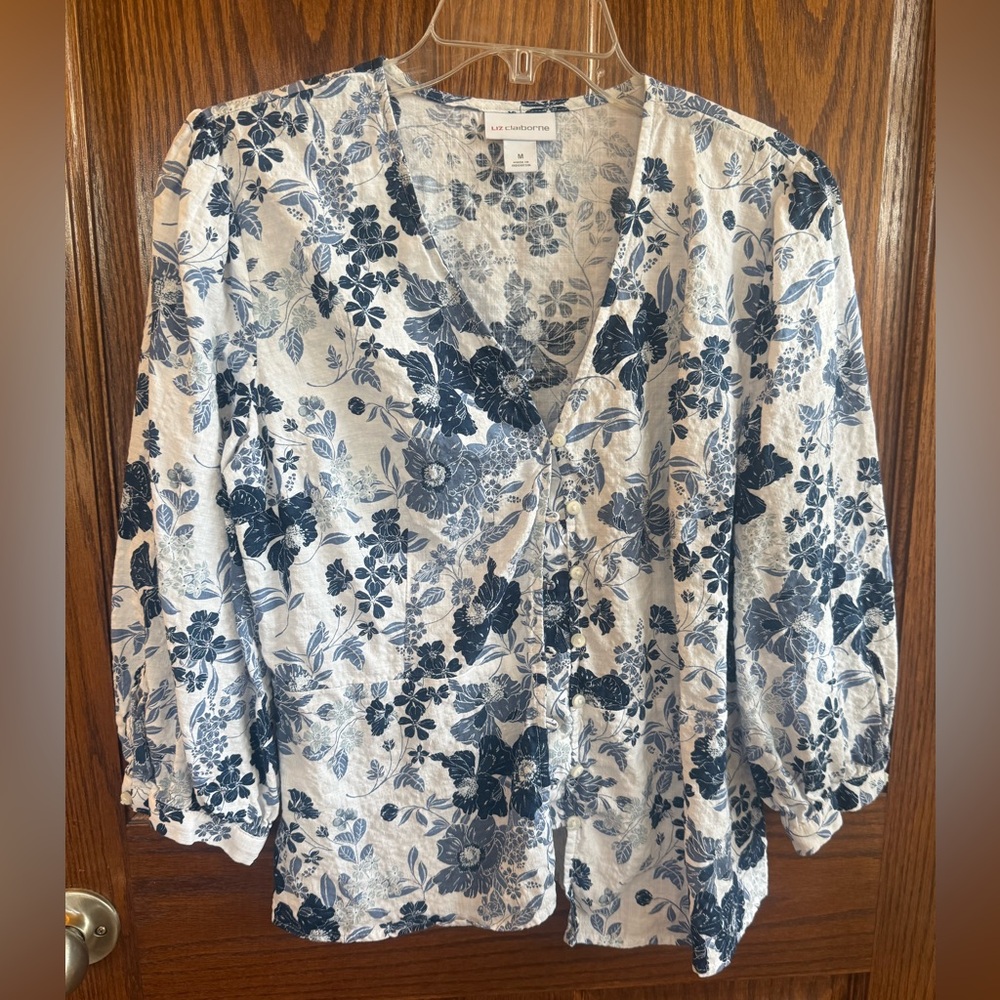 Liz Claiborne Navy and White Floral Blouse
